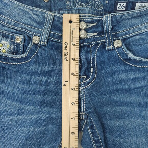 Miss Me Boot Cut Jeans READ Womens 26 Flap Pockets Low Rise Distressed Denim - Picture 4 of 16